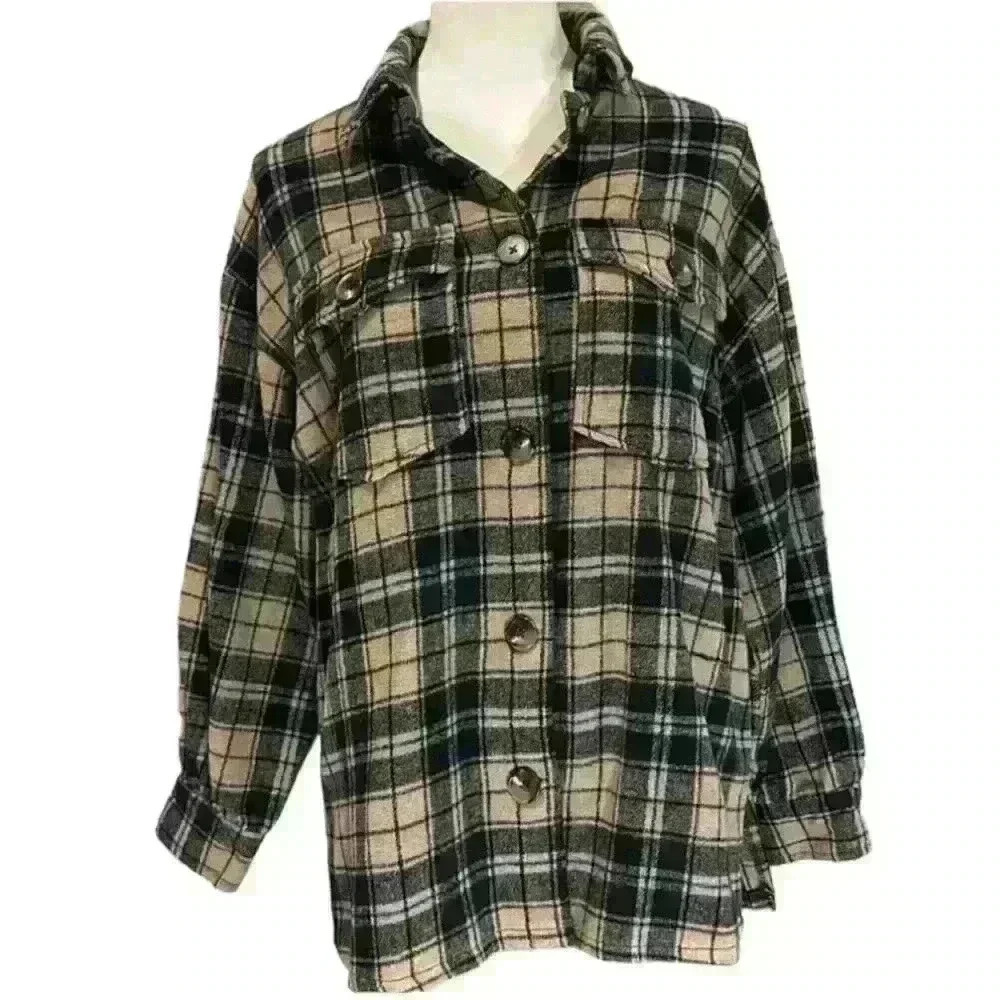 Forever 21 Ladies Black And Tan Heavy Buffalo Plaid Button Down Shirt Size Small - Picture 3 of 15